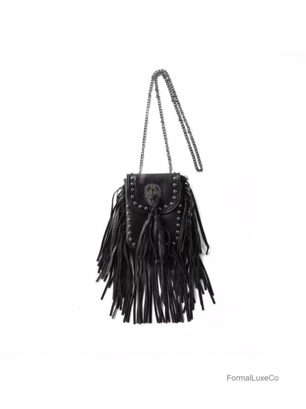 Vegan Leather Fringe Crossbody Bag with Skull Hardware